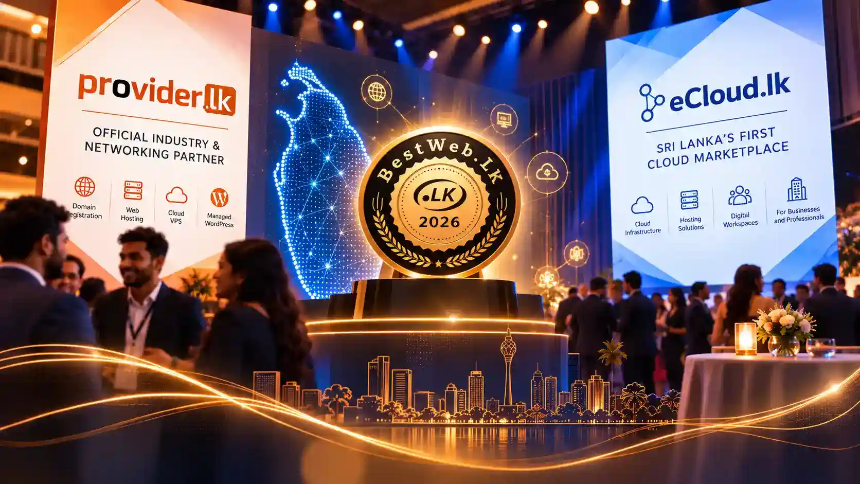 An illustration featuring Provider.lk and eCloud.lk at the BestWeb.LK 2026 Awards Ceremony, with a digital map of Sri Lanka and the BestWeb.LK 2026 emblem symbolizing their presence at the event.